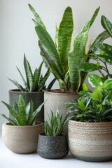 Group of potted houseplants in neutral tones interior studio shot featuring snake plants and tropical foliage