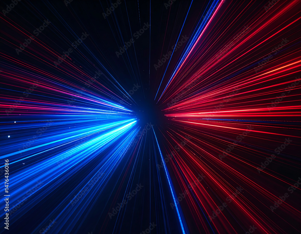 Poster vibrant beams of red and blue light radiate outward, creating a dynamic and energetic visual effect 