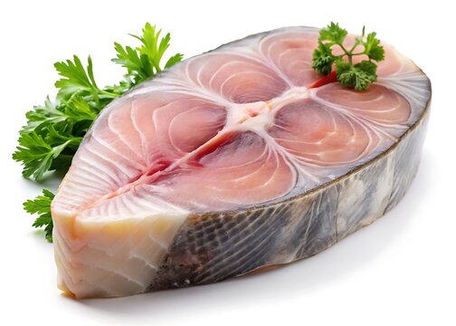 A hyper realistic image of a raw dogfish steak on a seamless isolated on white background