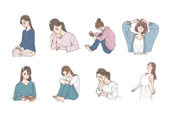 気分の落ち込みを感じている若い女性と解放された女性のイラストセット