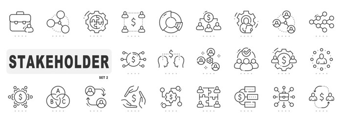 Set of stakeholder tech related line icons. Partnership, company, team, emploee etc. Editable stroke. Set 2
