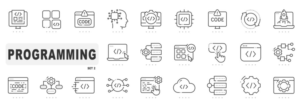Set of programming related line icons. Coding, development, script, algorithm etc. Editable stroke. Set 2