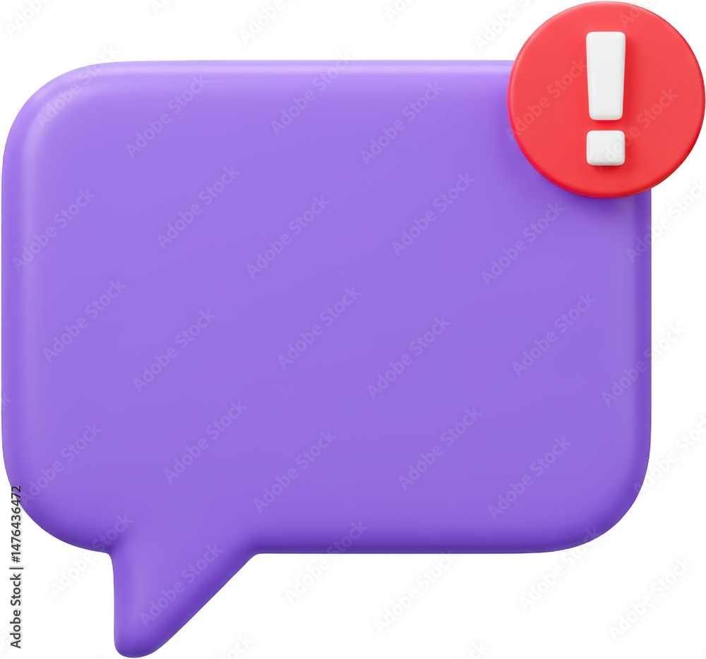 Poster 3d render of purple speech bubble with red alert notification exclamation mark