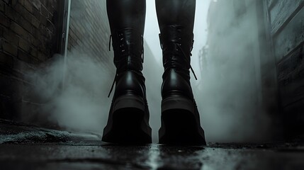 Gothic platform boots in a dark alley with fog