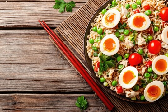 Noodle dish with boiled eggs, vegetables, and protein - Powered by Adobe