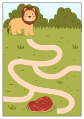 Help the lion to find its way through the path, Maze worksheet animals, animals labyrinth activity for kids, black and white maze printable for kindergarten, maze coloring page