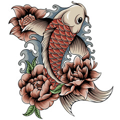 Traditional Japanese Koi Fish Tattoo Illustration with Peony Flowers and Waves