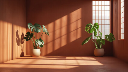 A bold black wall with two vibrant green plants in front, creating a striking contrast and modern, sophisticated atmosphere, offering a dramatic yet calming and elegant vibe to the space.

