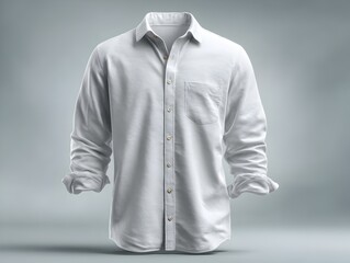 A clean white long-sleeve button-down shirt is presented on a simple gray background perfect for design mockups and apparel presentations.