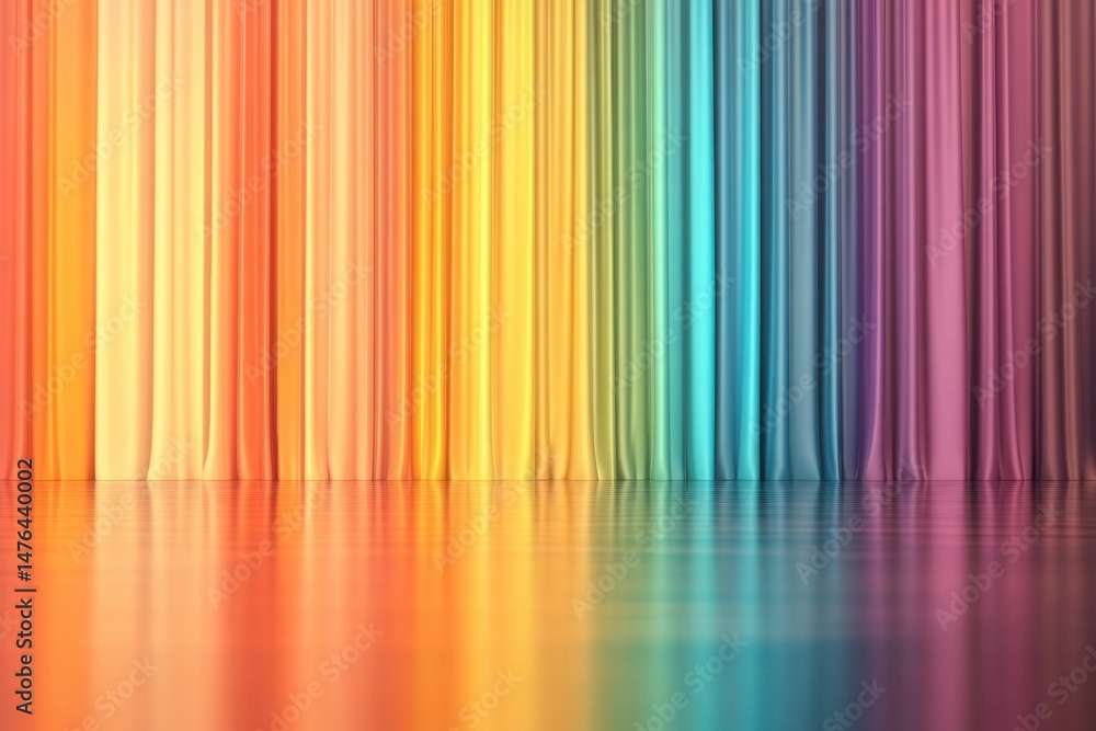 Poster abstract rainbow curtain backdrop with reflections and smooth texture in studio setting for creative