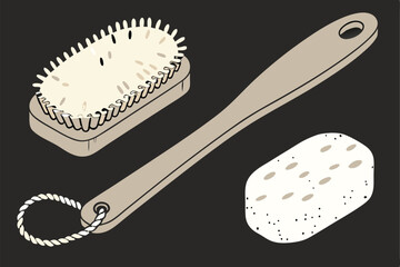 70 natural bristle brush, wooden brush, natural exfoliating sponge, black background