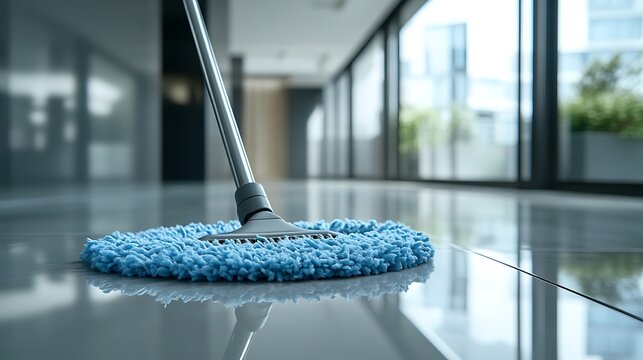 Detailed close up of mopping a floor in a hallway, the mop head capturing dirt and debris, with a smooth, polished floor reflecting the surrounding light