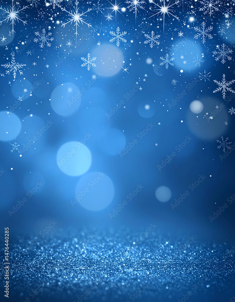Poster a shimmering blue background adorned with snowflakes and bokeh lights, creating a festive and wintry