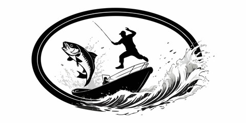 Tranquil Morning Fishing Scene on a Forest Lake with Bold Black and White Vector Lines Depicting Angler in Boat with Scenic Wilderness Mountain Reflections