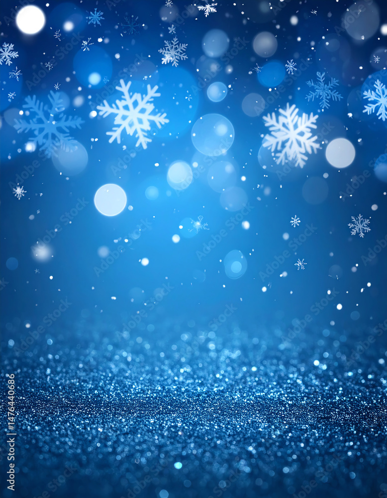 Poster a serene blue background with floating snowflakes and sparkling bokeh effects, creating a magical wi
