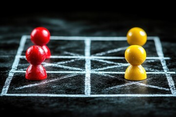 Strategic game pieces on a grid.  Two opposing teams positioned for conflict