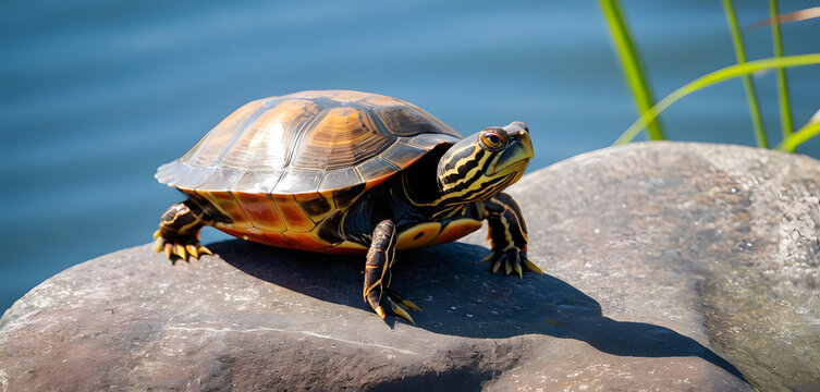A calm painted turtle basks on a riverside rock, head raised, vivid red and yellow shell patterns gleaming in the sunlight, with soft reed reflections behind.