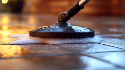 Fototapeta premium Detailed close up of scrubbing a bathroom floor with a powerful cleaning solution, suds rising as the scrubber moves across the tiles, water droplets adding reflections to the scene