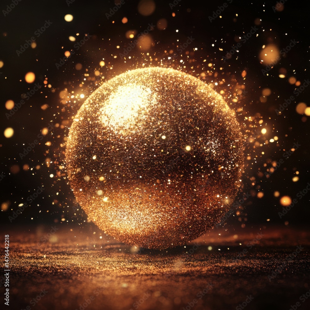 Poster golden sphere emitting sparkling particles on dark surface in studio shot with bokeh effect for abst