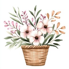 Neutral watercolor pastel wild flowers bunch in basket for spring decor and design projects