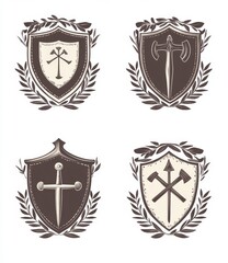 Fototapeta premium Four heraldic shields, adorned with medieval weaponry and symbols