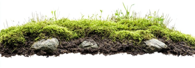 Lush green moss and grass covering a layer of dark soil with stones