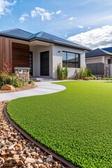 Modern Home Exterior with Artificial Turf Lawn and Landscaping in Australia Eye-Level Shot