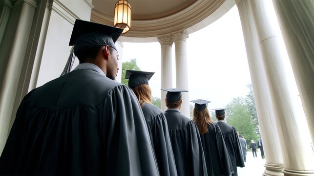 Graduates wearing silver cords walk in line toward the ceremony venue during commencement event