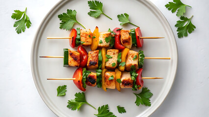 Chicken kabob Grilled chicken kabob with colorful bell pepper and fresh parsley served on white plate for healthy meal