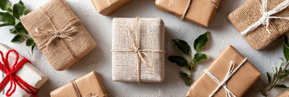 Aufkleber unique wrapped gifts arranged on a textured surface with a clear center space for personalized messa