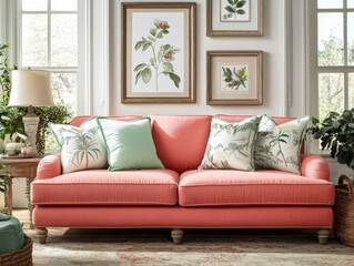 Fototapeta premium Interior design featuring coral sofa with botanical pillows and framed art in a bright and airy living room setting