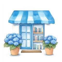 Charming watercolor book shop front with blue hydrangeas for creative design projects