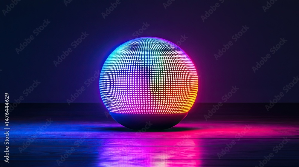 Poster a glowing spherical object with colorful led lights on a reflective surface in a dark room