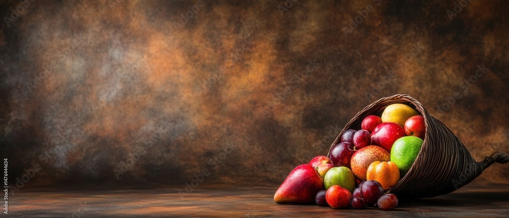 Poster cornucopia overflowing with colorful fresh fruit on rustic background in studio setting for harvest 