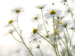Fototapeta premium Backlit chamomile daisy flowers isolated on background. A bunch of white flowers with yellow centers are in a field. The sun is shining brightly on them, making them look even more beautiful.