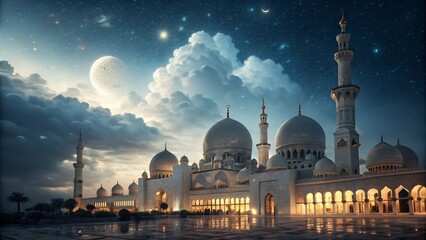 Naklejka premium Magical Night Mosque with Domed Architecture Under Ethereal Clouded Sky