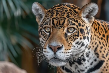 Close-Up View of a Beautiful Jaguar with Distinctive Spots Surrounded by Lush Greenery