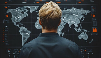 A person views a large screen displaying a world map with data points, suggesting global monitoring or analysis