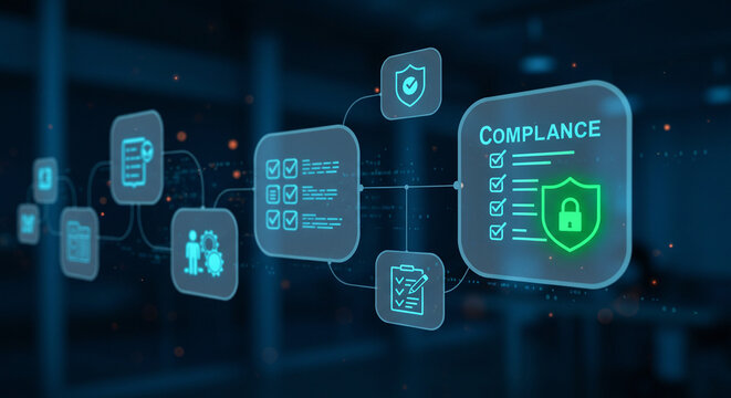 Compliance framework visualized: Checks and balances ensuring data security, policies and regulatory adherence in digital operations.