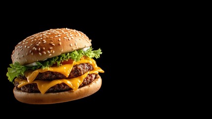 Flying Cheeseburger Isolated on Black Background with Copy Space