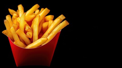 French Fries in Red Box Isolated on Black Background with Copy Space