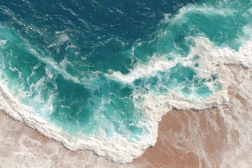 Fototapeta premium Aerial View of Waves Crashing on Sandy Beach with Turquoise Waters and White Foam