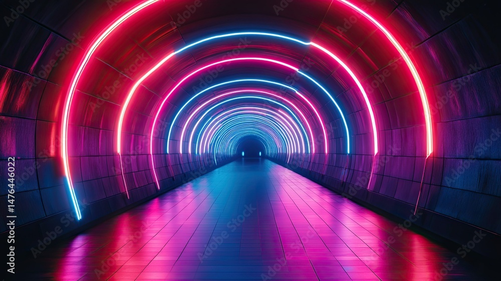 Poster illuminated tunnel with neon lights in red and blue colors creating a futuristic perspective view