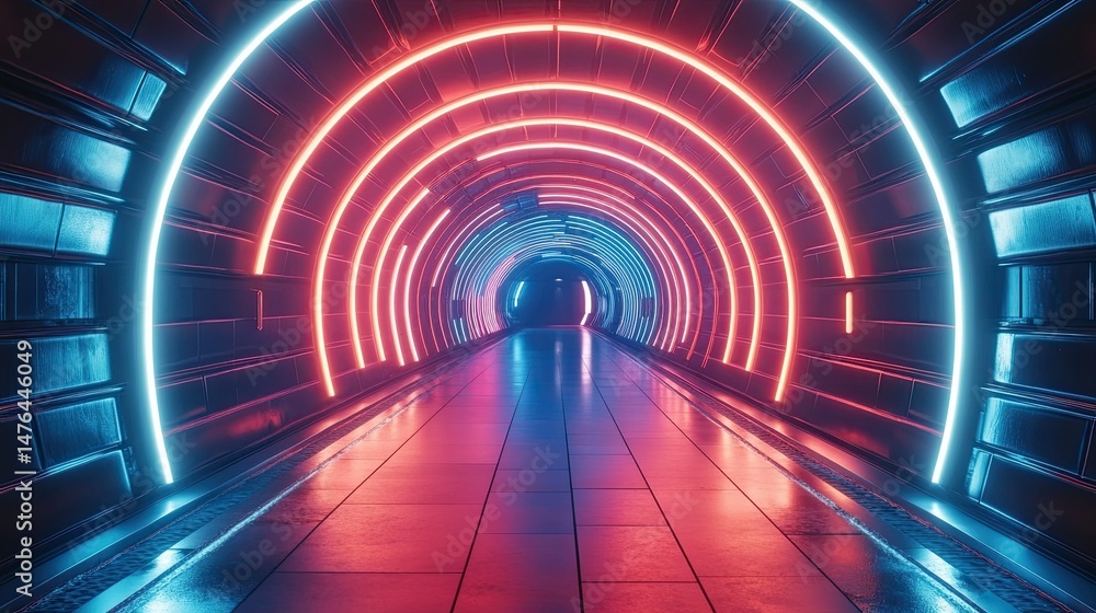 Poster illuminated tunnel with neon lights in shades of blue and red creating a futuristic and modern look