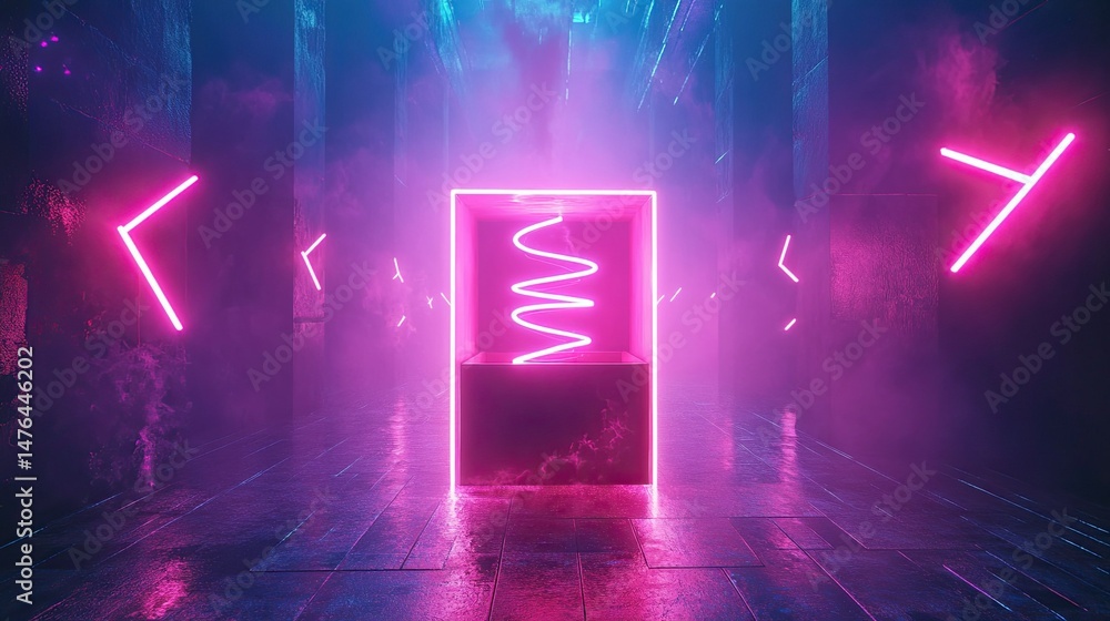Poster neon lit tunnel with spiral in cube and angled lines in a purple and blue color scheme