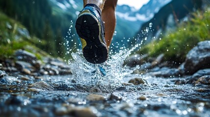 Trail running shoes splashing through a mountain stream