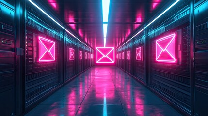 A futuristic server room illuminated with pink neon envelope symbols on the server racks wall