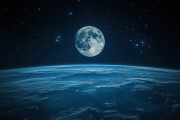 Full moon illuminated in the night sky above Earth, showcasing a breathtaking view of the planet's surface with clouds and stars, creating a serene cosmic atmosphere
