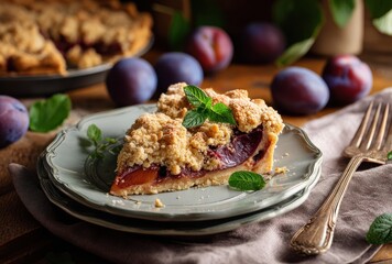 Delicious homemade plum crumble pie on a vintage plate garnished with fresh mint leaves and surrounded by ripe plums on a rustic wooden table