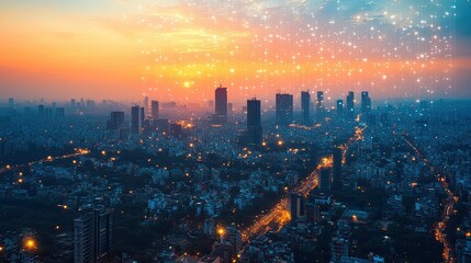 Fototapeta premium Aerial view of a sprawling city at dusk with glowing lights and a vibrant sunset backdrop scene